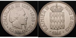 MONACO 10 Francs 1966 - Silver .900 - Prince Charles III - aUNC - 264 
