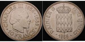 MONACO 10 Francs 1966 - Silver .900 - Accession Prince Charles III - aUNC 202 