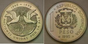 DOMINICAN REPUBLIC 1 Peso 1995 -Cu-Ni- 50th Anniversary of U. N. - aUNC - 1131 *