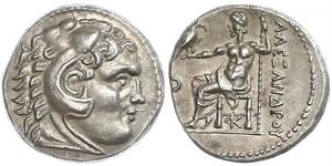 Makedonien, Hellenistische Dynasten. Alexander III. der Große -336--323. Drachme, Kolophon. 4,07 g. Herakleskopf mit Löwenfell nach rechts / Zeus thront nach links mit Adler und Zepter, Beizeiche ...