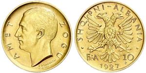 Albanien. Ahmed Bey Zogu 1925-1939. 10 Franga Ari 1927 R. K.M. 9, Friedberg 3. GOLD. Winziger Randfehler, fast Stempelglanz