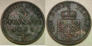 PRUSSIA (German Kingdom) 3 Pfennig 1865 A - Copper - Wilhelm I. - VF+ - 2643 *