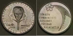 TURKEY 50 Lira 1973 - Silver 0.9 - 50th Anniversary of Republic - aUNC - 229 *
