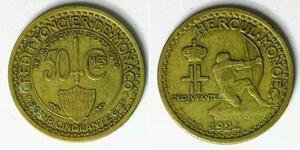 MONACO 50 Centimes 1924 (p) - Aluminum/Bronze - Louis II. - VF - 3853