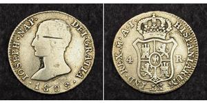  
  1809,  Spain,  Joseph-Napoleon Bonaparte  (José I). Silver 4 Reales Coin. Cleaned!    Mint Year: 1809    Reference: KM-540.1.     Mint Place: Madrid (crowned M)     Condtion: Damaged (hits an ...