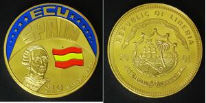 LIBERIA 10 Dollars 2001 - Gold Plated - European Anthems Spain - aUNC - 4187