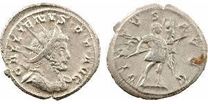 Gallien, antoninien, Cologne, 257-258 A/GALLIENVS P F AVG. Buste radié à droite, drapé et cuirassé, vu de trois quarts en avant. R/VIRTVS AVGG. L'Empereur debout à droite, tenant une haste transv ...