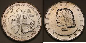 ITALY 500 Lire 1992 R - Silver 0.835 - Lorenzo de' Medici - UNC - 278 *