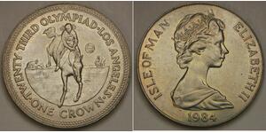 ISLE OF MAN 1 Crown 1984 PM - Los Angeles Olympics / Equestrian - aUNC - 2714 *