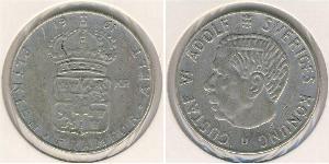 Швеция
1 крона (1961 г.)
Серебро
Густав VI. Номер по Краузе КМ#826, 400-я проба, 7 г, 25 мм.
