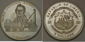 LIBERIA 5 Dollars 2000 - Copper-Nickel - George Stephenson Rocket - UNC - 2898 *