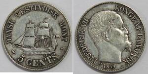 DANISH WEST INDIES 1859 5 CENTS SAILING SHIP FREDERICK SILVER WORLD COIN 