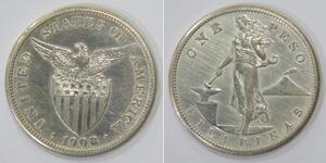 PHILIPPINES ONE PESO 1908 S EAGLE SHIELD STANDING LIBERTY SILVER COIN 