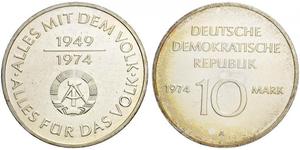 1974,DEUTSCHLAND. Deutsche Demokratische Republik. 10 Mark 1974. 25 Jahre DDR. Silberprobe mit Randschrift: * 10 MARK * 10 MARK * 10 MARK. 17.03 g. J. 1551P. Selten. Nur 1'500 Exemplare geprägt / ...