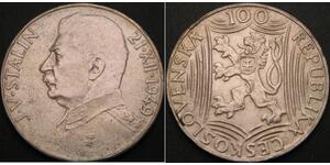 CZECHOSLOVAKIA 100 Korun 1949 - Silver .500 - Joseph V. Stalin - VF/XF - 1340 