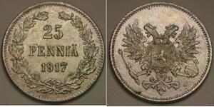 FINLAND 25 Pennia 1917 S - Silver 0.75 - No Crown - aUNC - 293 *