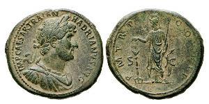 ADRIANO (117-138) Sesterzio. D/ Busto laureato, drappeggiato e corazzato R/ Minerva con lancia e scudo, accanto ad un candelabro acceso. Coh. 1066/1067 BMC 1254 Tredici 492 Ae g 29,36 • Di modulo ...