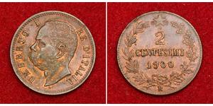  
  1900, Kingdom of Italy, Umberto I. Nice Copper 2 Centesimi Coin. XF-AU!  Mint Years: 1900 Reference: KM-30. Mint Place: Rome (R) Denomination: 2 Centesimi Condition: Minor sticky deposits in  ...