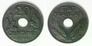 FRANCE 20 Centimes 1944 - Iron - aUNC - 4244