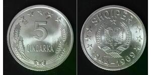 ALBANIA 5 Qindarka ND(1969) - Aluminum - 25th Ann. of Liberation - aUNC - 4620