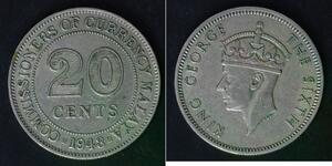MALAYA 20 Cents 1948 - Copper/Nickel - George VI. - VF - 354