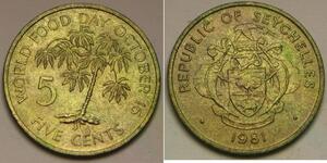 SEYCHELLES 5 Cents 1981 - Brass - World Food Day - aUNC - 155 *