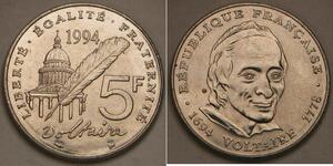 FRANCE 5 Francs 1994 - Copper-Nickel - Voltaire - XF+ - 2593 *