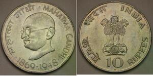 INDIA 10 Rupees ND (1969) - Silver 0.5 - Mahatma Gandhi - XF - 369 *