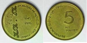 SLOVENIA 5 Tolarjev 1995 - Brass - Defeat of Fascism - aUNC - 1186