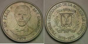 DOMINICAN REPUBLIC 1 Peso 1976 - Copper-Nickel - Juan Pablo Duarte - aUNC - 535*