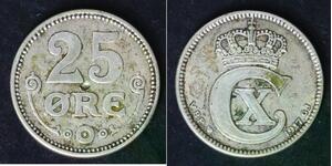 DENMARK 25 Ore 1917 (h) VBP; GJ - Silver 0.600 - Christian X. - VF - 1555