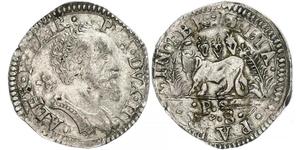 Italien-Parma, Alessandro Farnese III.Cavalotto da 6 Soldi o.J. Brustbild nach rechts / Stier. Münzzeichen PS. Varesi 977/7. Doppelschlag, sehr schön