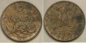 ALBANIA 2 Qindar Ari 1935 R - Bronze - Zogu I. - aUNC - 1886 *