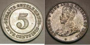 STRAITS SETTLEMENTS 5 Cents 1918 - Billon / Silver 0.4 - George V. - XF- - 1001*