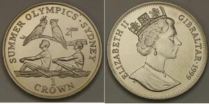 GIBRALTAR 1 Crown 1999 -Cu-Ni- Sydney Olympics / Rowers and Birds - aUNC - 2912*