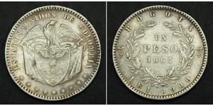  
  1867, Colombia (Estados Unidos). Beautiful Large Silver Peso Coin. aXF!  Mint Year: 1867 Mint Place: Bogota Denomination: Peso Condition: About XF! Mintage: 44,000 pcs.   Reference: Restrepo  ...