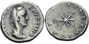 FAUSTINE Mère. (Épouse d’Antonin, +141). Denier, frappé après 141 à Rome. Buste voilé à droite. R/. Etoile. (Cohen  63 – RIC  355). Argent. 3,35g. (0h). TB à Très Beau. Rare.