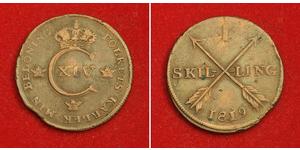  
 
 Urcaquary 
 1819, Kingdom of Sweden, Charles XIV. Copper 1 Skilling Coin. VF+ 
  
  Mint Year: 1819 Reference: KM-597. Denomination: 1 Skilling  Condition: Lightly cleaned in the past, edge  ...