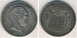 Липпе
1 талер (1860 г.)
Серебро
А. Паул Фридрих Эмиль Леопольд III. Номер по Краузе КМ#267, 900-я проба, 18,52 г.
