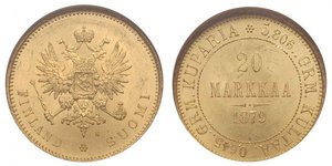 FINLAND - Russian; FINLANDIA - Aleksander II 1855-1881, 20 marek 1879 / S, Fr. 1, moneta w pudełku NGC z certyfikatem MS 63 - GRADE: UNC/UNC-