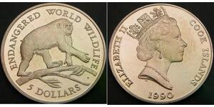COOK ISLANDS 5 Dollars 1990 - Endangered Wildlife - Chimpanzee - UNC - 2069 