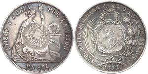 1872,Guatemala. Republik seit 1839. 1/2 Real 1894. Gegenstempel auf Peru Sol 1872. K.M. 224. Schöne Patina. Sehr schön.