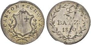 1810,SCHWEIZ. Schwyz. 2/3 Batzen 1810, Aarau. Variante mit BATZ :. Rosette hinter Wappenspitze und kein Mzz. 2.16 g. Wielandt (Schwyz) 142 var. D.T. 83a. HMZ 2-809b. Kleine Schrötlingsfehler / Mi ...