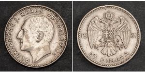  
  1931, Kingdom of Yugoslavia, Alexander I. Nice Silver 20 Dinara Coin. VF-aXF!  Mint Year: 1931  Reference: KM-11. Denominations: 20 Dinara     Mint Place:  Belgrade (without privy marks)  Con ...