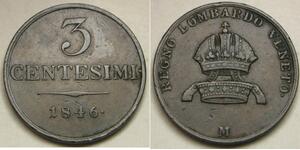 LOMBARDY VENETIA 3 Centesimi 1846 M - Copper - Ferdinand I. - VF/XF - 2031 *
