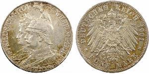 Allemagne, Prusse (royaume de), Guillaume II, 5 mark d'hommage, 1901 Berlin A/+ FRIEDRICH. 1701. - WILHELM. II. 1901.. Bustes accolés à gauche de Frédéric Ier, lauré et de Guillaume II, casqué. R ...