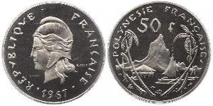 Französische Kolonien-Polynesien Probe 50 Francs 1967. K.M. E 3, Lecompte 110. In US Plastic-Holder PCGS SP67. Stempelglanz