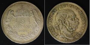 HUNGARY 5 Korona 1909 KB - Silver 0.900 - Franz Joseph I. - VF - 3173