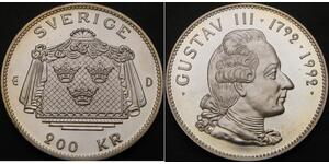 SWEDEN 200 Kronor 1992 - Silver .925 - Death of Gustav III - UNC - 700 