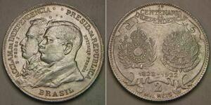 BRAZIL 2000 Reis 1922 - Silver 0.5 - Independence Centennial - VF/XF - 1888 *